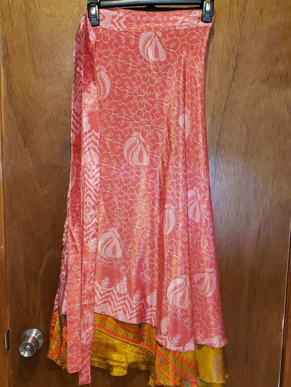 Coral & Yellow Printed Silk Reversible Wrap Skirt